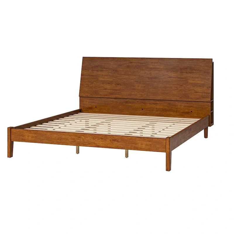 Lit plateforme mi-century moderne en bois massif avec ports USB et espace de rangement