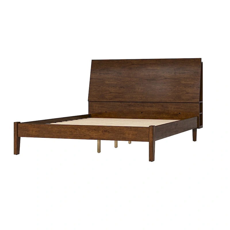 Lit plateforme mi-century moderne en bois massif avec ports USB et espace de rangement