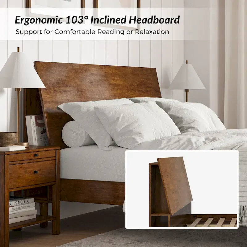 Lit plateforme mi-century moderne en bois massif avec ports USB et espace de rangement