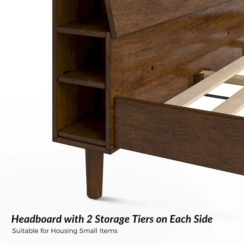 Lit plateforme mi-century moderne en bois massif avec ports USB et espace de rangement