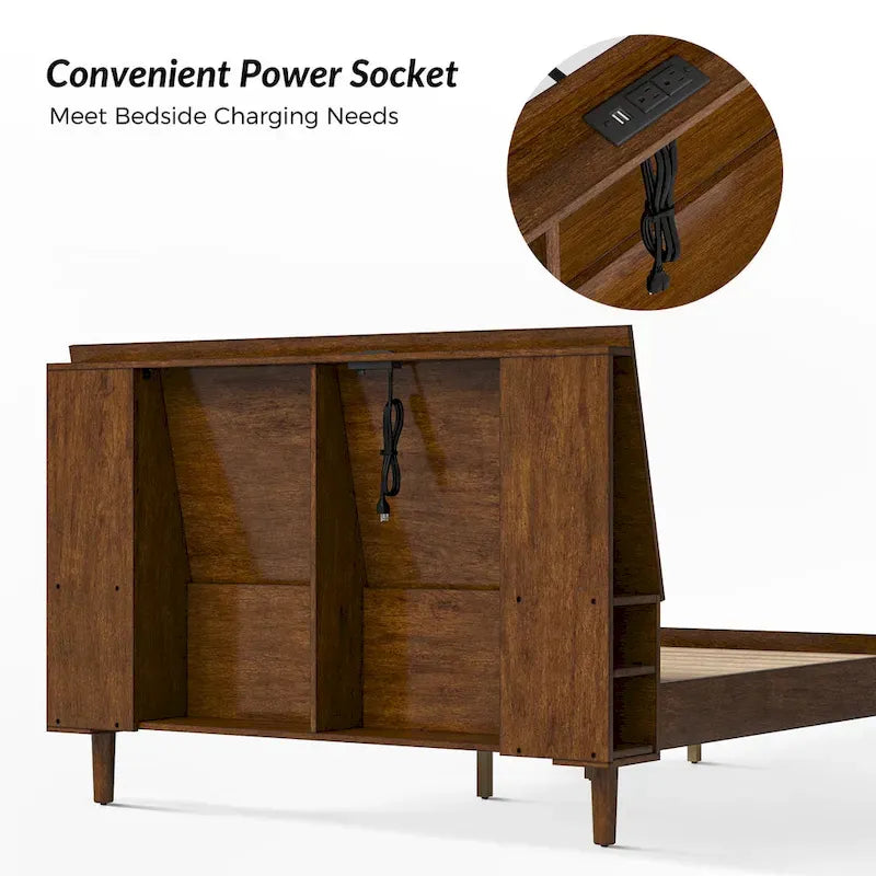 Lit plateforme mi-century moderne en bois massif avec ports USB et espace de rangement