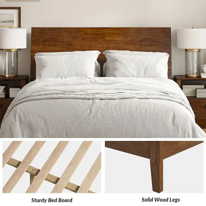Lit plateforme mi-century moderne en bois massif avec ports USB et espace de rangement