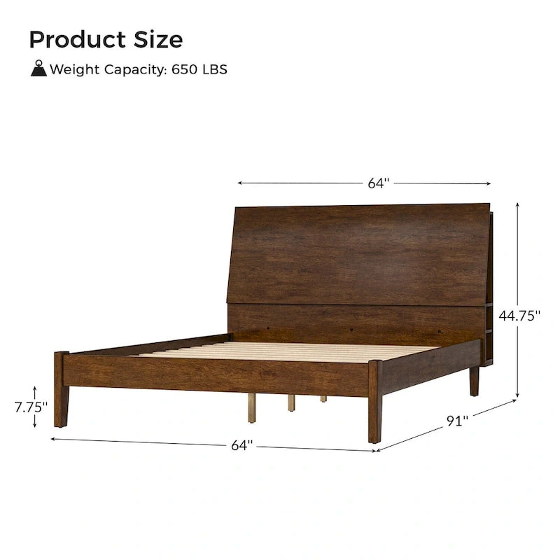 Lit plateforme mi-century moderne en bois massif avec ports USB et espace de rangement