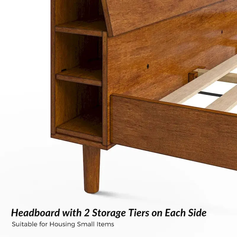 Lit plateforme mi-century moderne en bois massif avec ports USB et espace de rangement