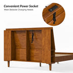 Lit plateforme mi-century moderne en bois massif avec ports USB et espace de rangement