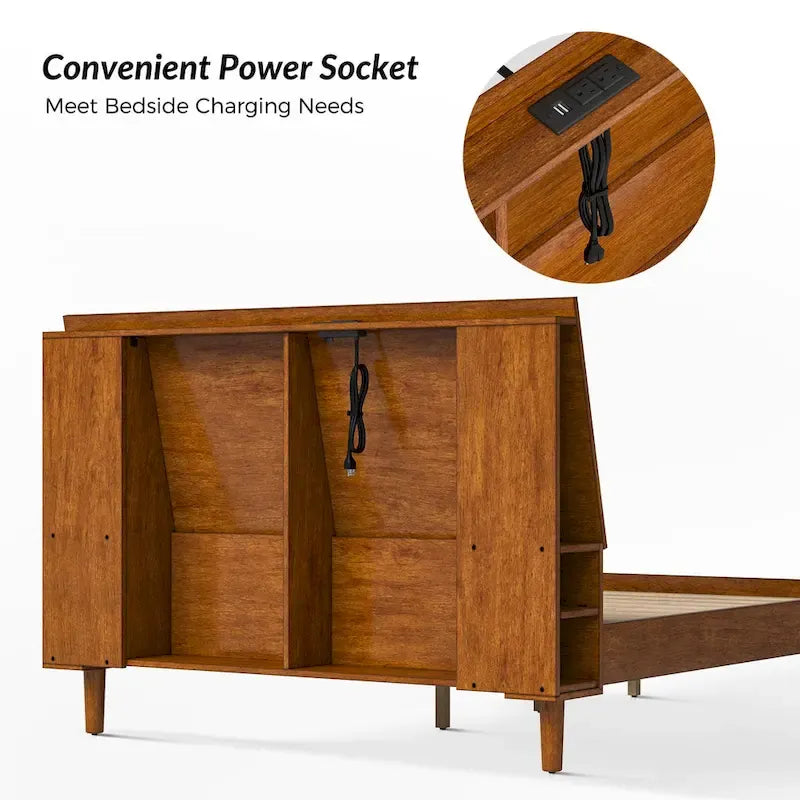 Lit plateforme mi-century moderne en bois massif avec ports USB et espace de rangement