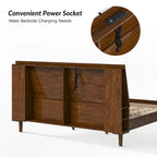 Lit plateforme mi-century moderne en bois massif avec ports USB et espace de rangement