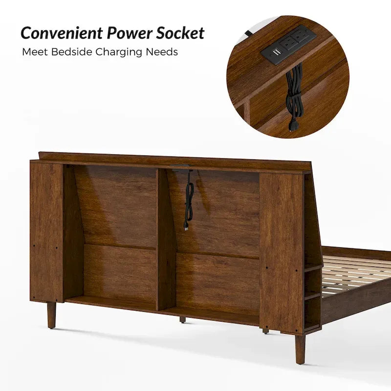Lit plateforme mi-century moderne en bois massif avec ports USB et espace de rangement