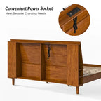 Lit plateforme mi-century moderne en bois massif avec ports USB et espace de rangement