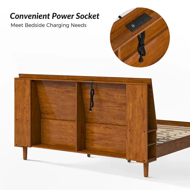 Lit plateforme mi-century moderne en bois massif avec ports USB et espace de rangement