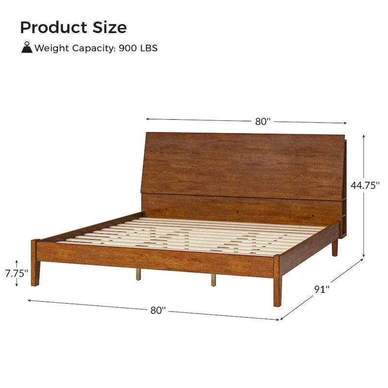 Lit plateforme mi-century moderne en bois massif avec ports USB et espace de rangement