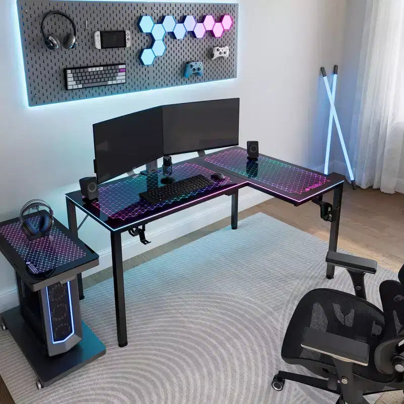 GTG-L60, bureau de jeu d'angle en verre en L 60x23, noir, 48,54 P x 60 L x 30 H