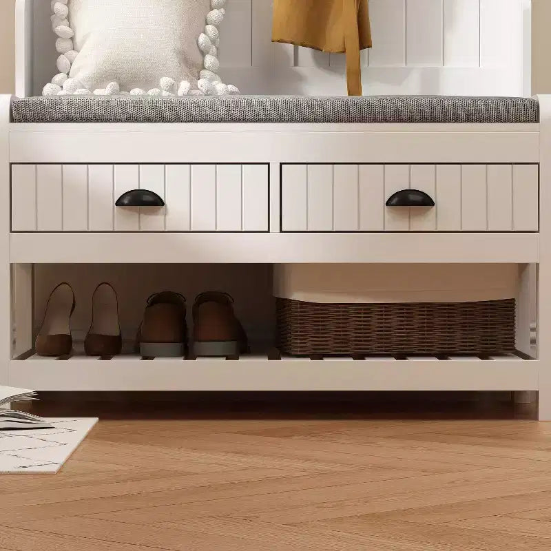 Porte-manteau 3-en-1 en bois Famapy avec banc de rangement à 4 crochets métalliques