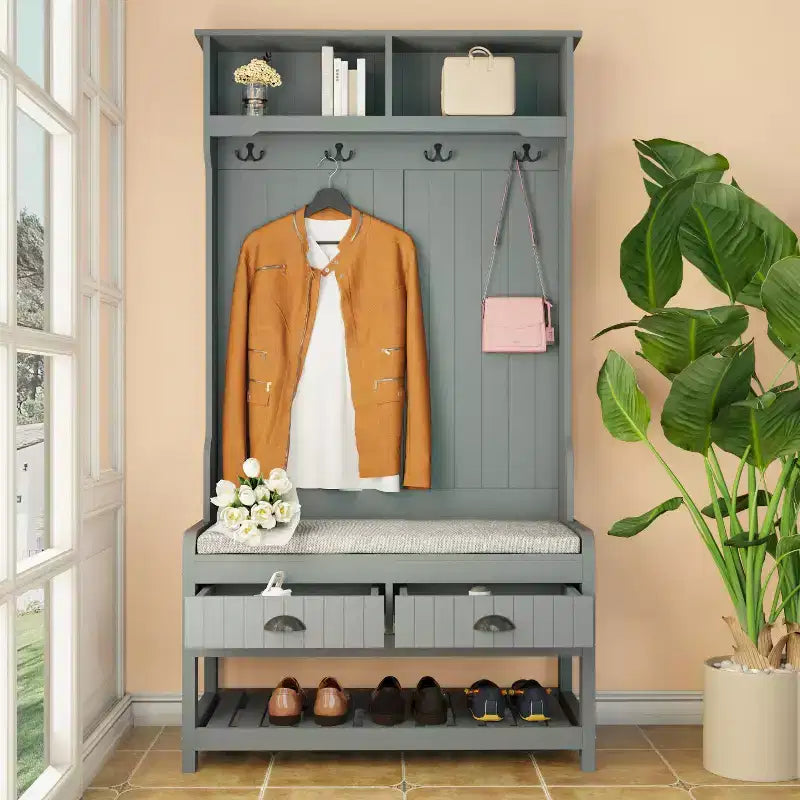 Porte-manteau 3-en-1 en bois Famapy avec banc de rangement à 4 crochets métalliques