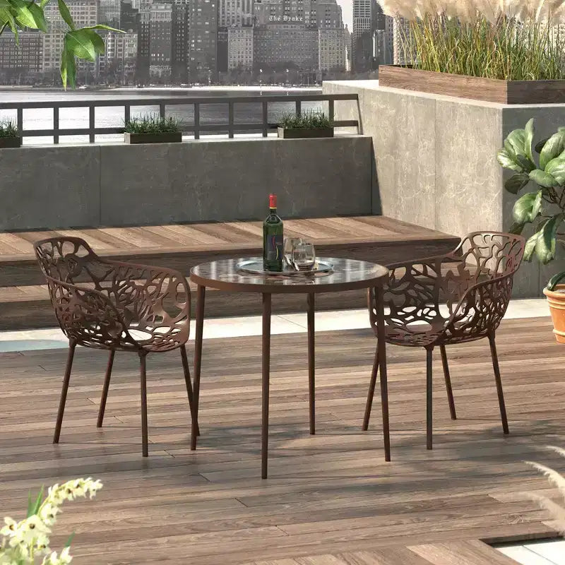 LeisureMod Devon 31 Table de salle à manger moderne de bistrot - Base en aluminium résistante à la rouille avec motif d'arbre et plateau circulaire en verre trempé pour usage intérieur/extérieur