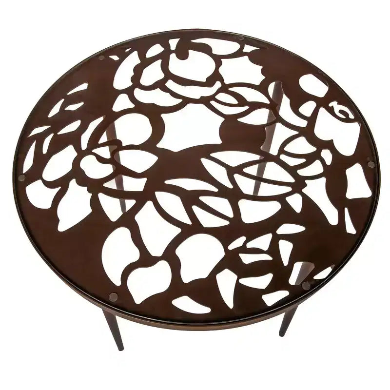 LeisureMod Devon 31 Table de salle à manger moderne de bistrot - Base en aluminium résistante à la rouille avec motif d'arbre et plateau circulaire en verre trempé pour usage intérieur/extérieur