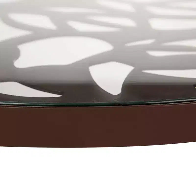 LeisureMod Devon 31 Table de salle à manger moderne de bistrot - Base en aluminium résistante à la rouille avec motif d'arbre et plateau circulaire en verre trempé pour usage intérieur/extérieur