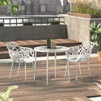 LeisureMod Devon 31 Table de salle à manger moderne de bistrot - Base en aluminium résistante à la rouille avec motif d'arbre et plateau circulaire en verre trempé pour usage intérieur/extérieur