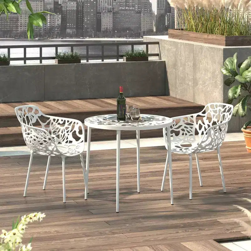 LeisureMod Devon 31 Table de salle à manger moderne de bistrot - Base en aluminium résistante à la rouille avec motif d'arbre et plateau circulaire en verre trempé pour usage intérieur/extérieur