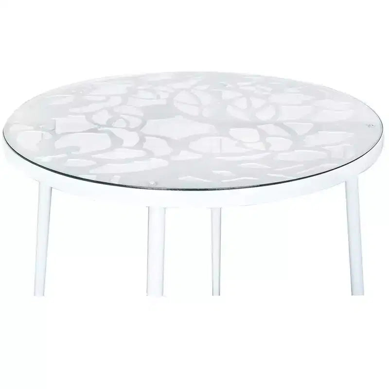 LeisureMod Devon 31 Table de salle à manger moderne de bistrot - Base en aluminium résistante à la rouille avec motif d'arbre et plateau circulaire en verre trempé pour usage intérieur/extérieur