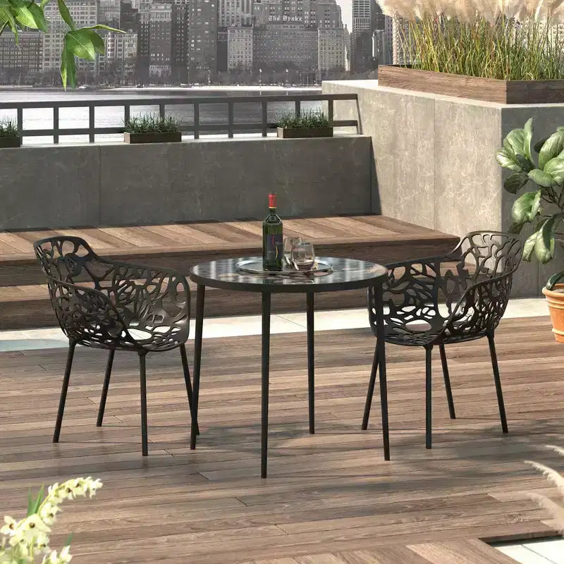 LeisureMod Devon 31 Table de salle à manger moderne de bistrot - Base en aluminium résistante à la rouille avec motif d'arbre et plateau circulaire en verre trempé pour usage intérieur/extérieur