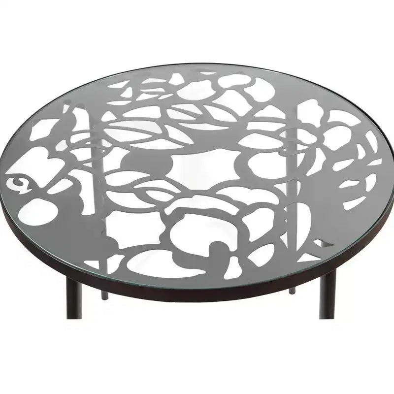 LeisureMod Devon 31 Table de salle à manger moderne de bistrot - Base en aluminium résistante à la rouille avec motif d'arbre et plateau circulaire en verre trempé pour usage intérieur/extérieur