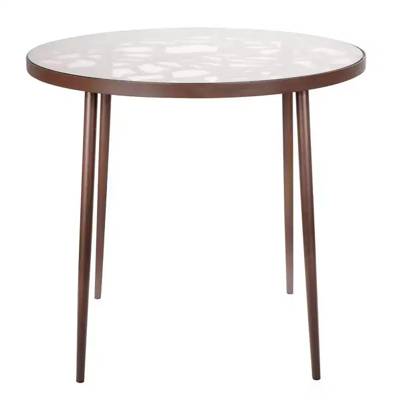 LeisureMod Devon 31 Table de salle à manger moderne de bistrot - Base en aluminium résistante à la rouille avec motif d'arbre et plateau circulaire en verre trempé pour usage intérieur/extérieur