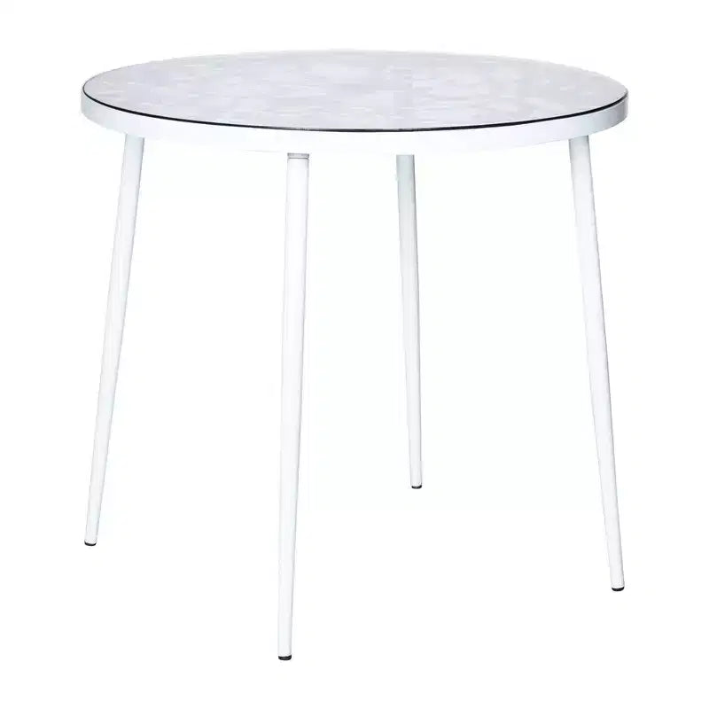 LeisureMod Devon 31 Table de salle à manger moderne de bistrot - Base en aluminium résistante à la rouille avec motif d'arbre et plateau circulaire en verre trempé pour usage intérieur/extérieur