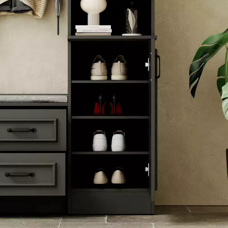 Famapy Armoire Penderie 6 Portes Noire avec Banc, Tringle et Crochets
