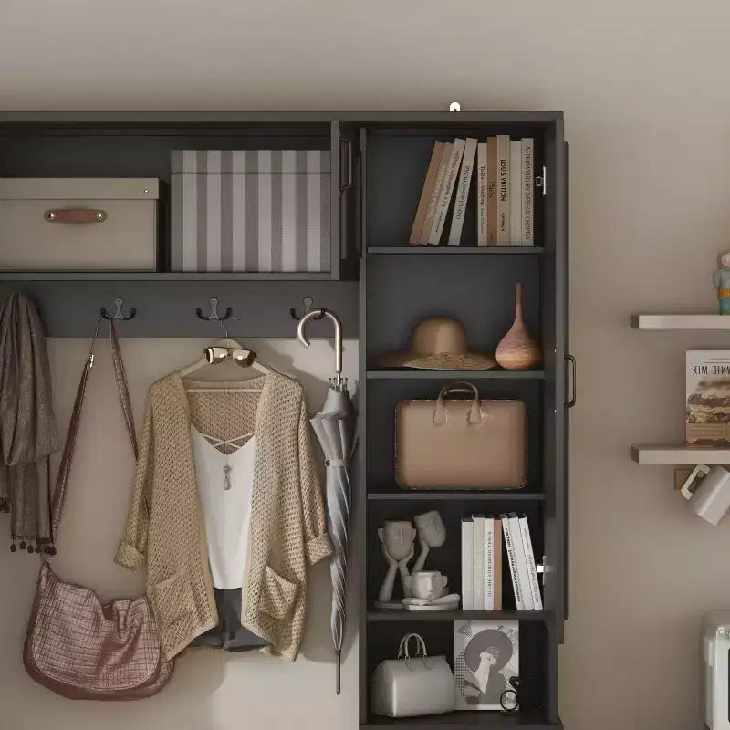 Famapy Armoire Penderie 6 Portes Noire avec Banc, Tringle et Crochets