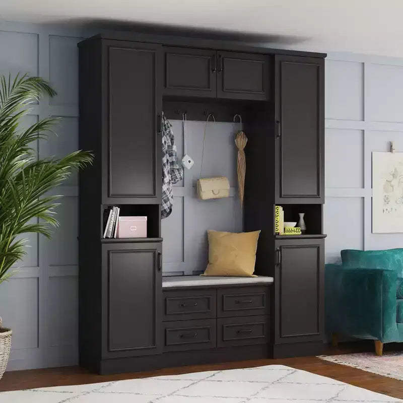 Famapy Armoire Penderie 6 Portes Noire avec Banc, Tringle et Crochets