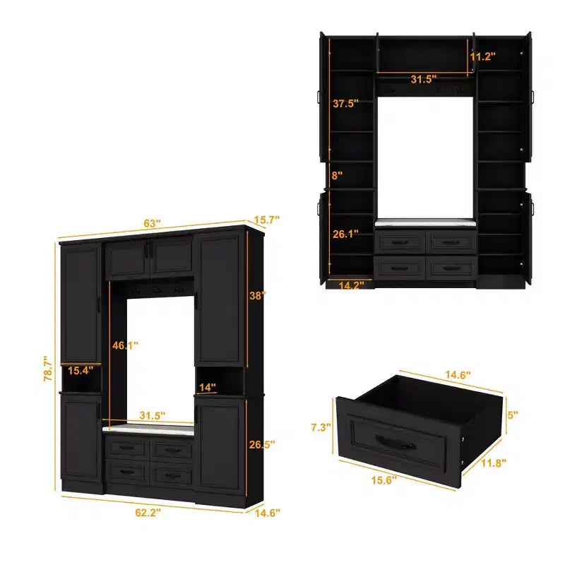 Famapy Armoire Penderie 6 Portes Noire avec Banc, Tringle et Crochets