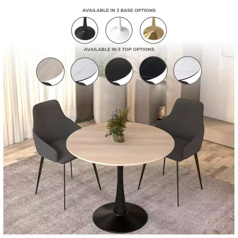 Table de salle à manger ronde LeisureMod Bristol 35 - Plateau en pierre frittée, table d'appoint de café et piètement en acier noir robuste pour cuisine et petits espaces