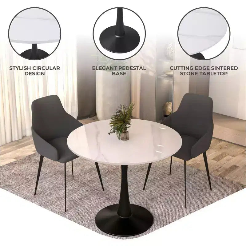 Table de salle à manger ronde LeisureMod Bristol 35 - Plateau en pierre frittée, table d'appoint de café et piètement en acier noir robuste pour cuisine et petits espaces