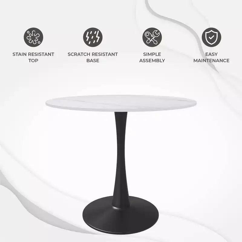 Table de salle à manger ronde LeisureMod Bristol 35 - Plateau en pierre frittée, table d'appoint de café et piètement en acier noir robuste pour cuisine et petits espaces