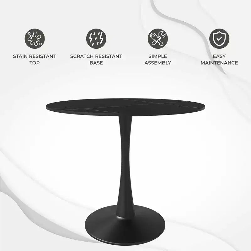 Table de salle à manger ronde LeisureMod Bristol 35 - Plateau en pierre frittée, table d'appoint de café et piètement en acier noir robuste pour cuisine et petits espaces