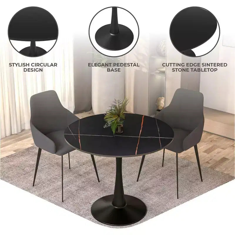 Table de salle à manger ronde LeisureMod Bristol 35 - Plateau en pierre frittée, table d'appoint de café et piètement en acier noir robuste pour cuisine et petits espaces