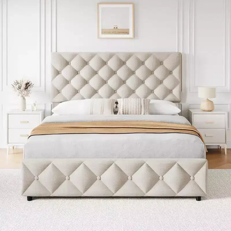 Cadre de lit Whizmax avec 4 tiroirs de rangement, plateforme de lit tapissée de lin avec tête de lit réglable, capitonnage à motifs de losanges, blanc cassé