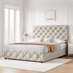 Cadre de lit Whizmax avec 4 tiroirs de rangement, plateforme de lit tapissée de lin avec tête de lit réglable, capitonnage à motifs de losanges, blanc cassé