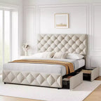 Cadre de lit Whizmax avec 4 tiroirs de rangement, plateforme de lit tapissée de lin avec tête de lit réglable, capitonnage à motifs de losanges, blanc cassé