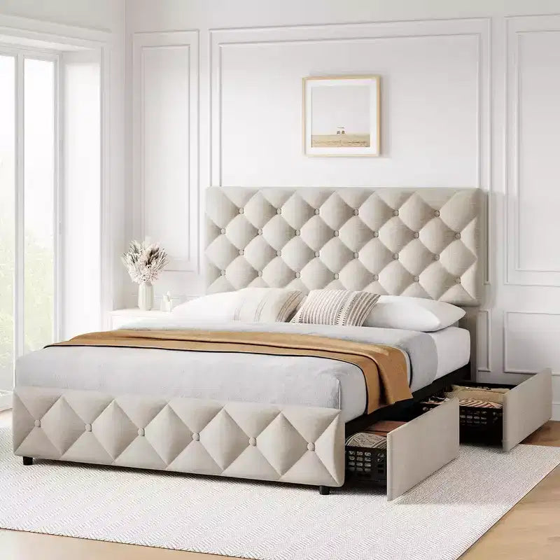 Cadre de lit Whizmax avec 4 tiroirs de rangement, plateforme de lit tapissée de lin avec tête de lit réglable, capitonnage à motifs de losanges, blanc cassé