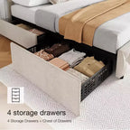 Cadre de lit Whizmax avec 4 tiroirs de rangement, plateforme de lit tapissée de lin avec tête de lit réglable, capitonnage à motifs de losanges, blanc cassé