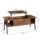 Table basse relevable VECELO 42 pouces avec pieds en métal, table centrale escamotable avec compartiment caché et 2 étagères de rangement