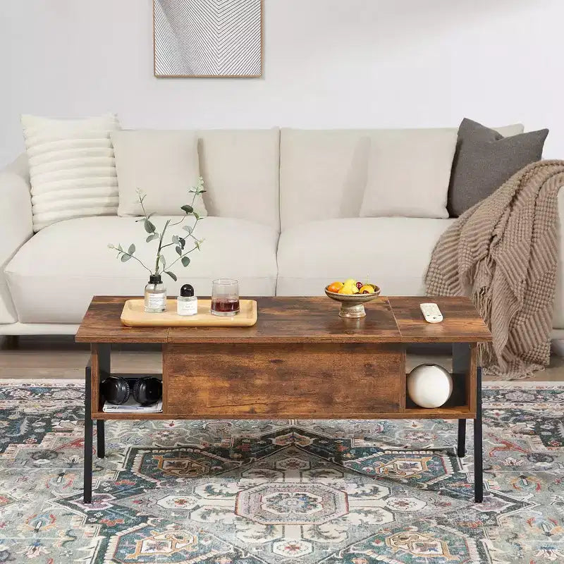 Table basse relevable VECELO 42 pouces avec pieds en métal, table centrale escamotable avec compartiment caché et 2 étagères de rangement