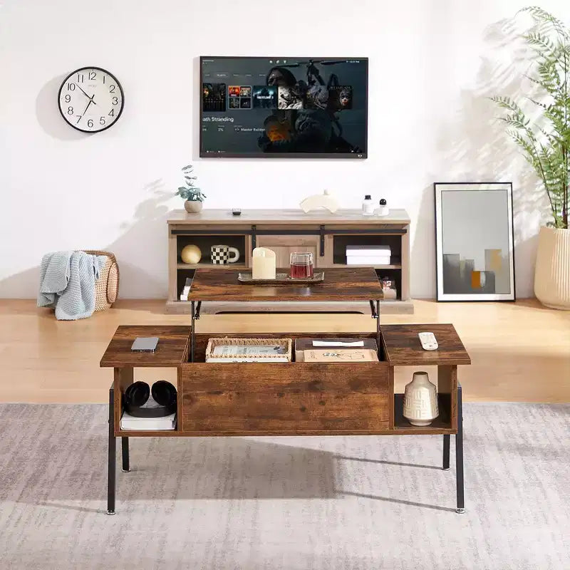 Table basse relevable VECELO 42 pouces avec pieds en métal, table centrale escamotable avec compartiment caché et 2 étagères de rangement
