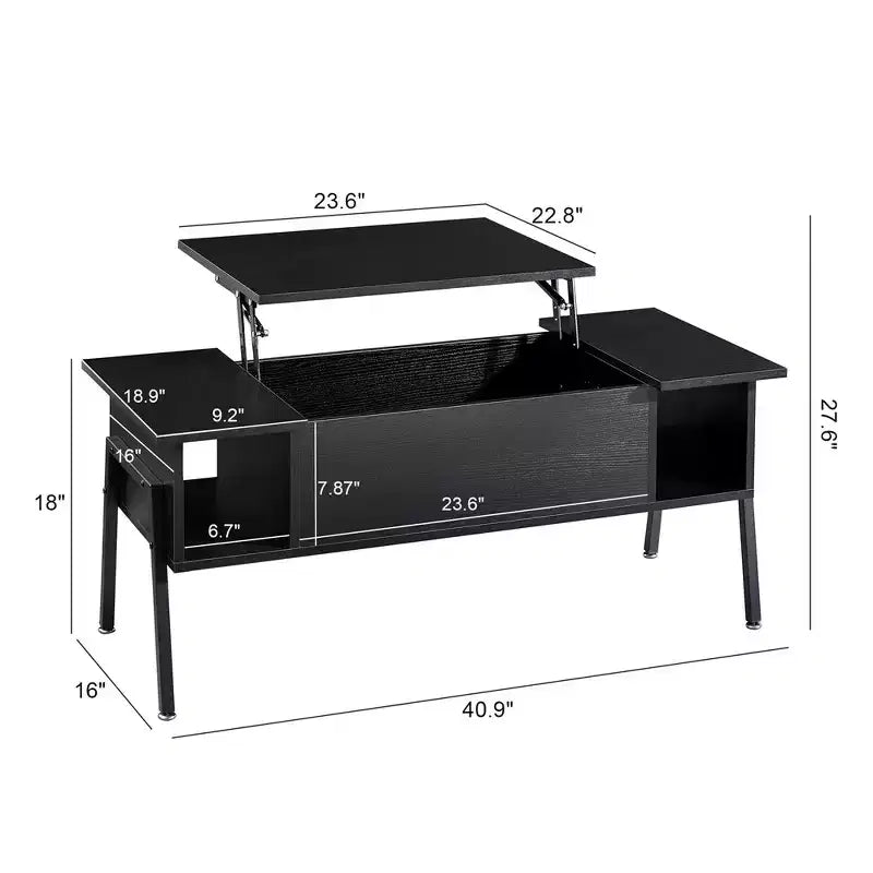 Table basse relevable VECELO 42 pouces avec pieds en métal, table centrale escamotable avec compartiment caché et 2 étagères de rangement