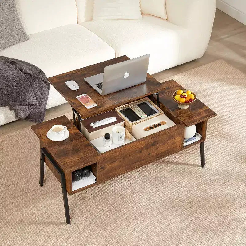 Table basse relevable VECELO 42 pouces avec pieds en métal, table centrale escamotable avec compartiment caché et 2 étagères de rangement