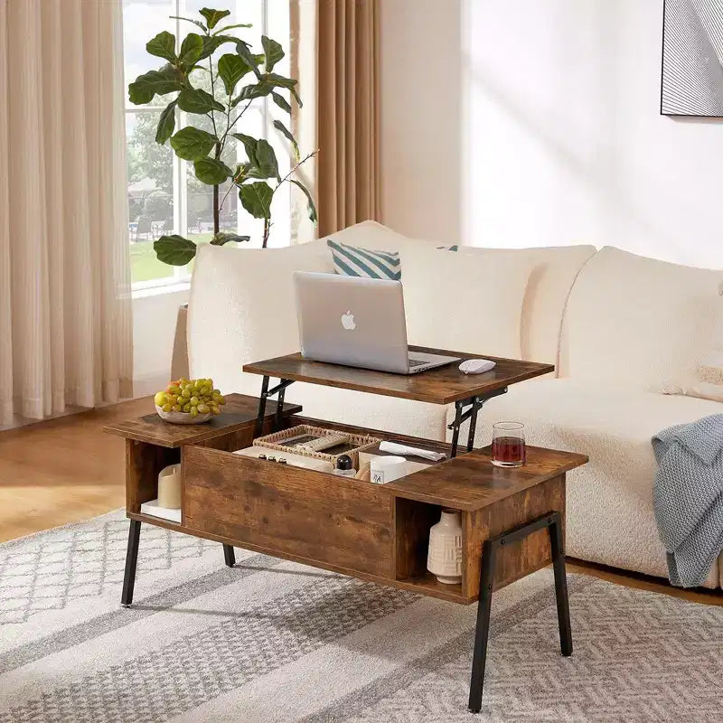 Table basse relevable VECELO 42 pouces avec pieds en métal, table centrale escamotable avec compartiment caché et 2 étagères de rangement
