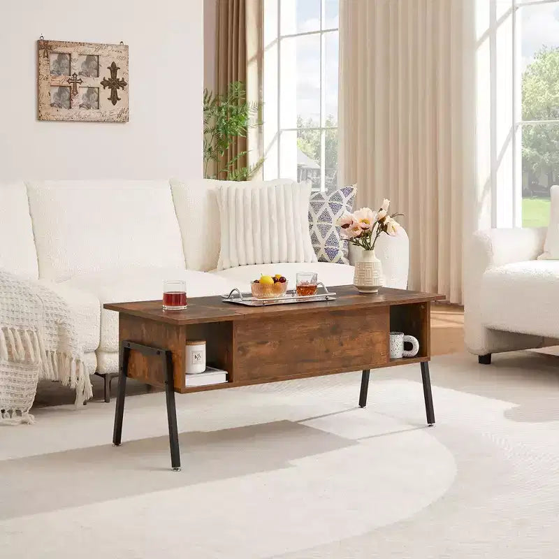 Table basse relevable VECELO 42 pouces avec pieds en métal, table centrale escamotable avec compartiment caché et 2 étagères de rangement