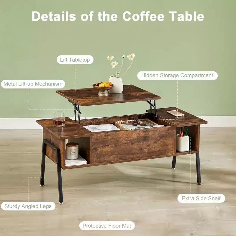 Table basse relevable VECELO 42 pouces avec pieds en métal, table centrale escamotable avec compartiment caché et 2 étagères de rangement